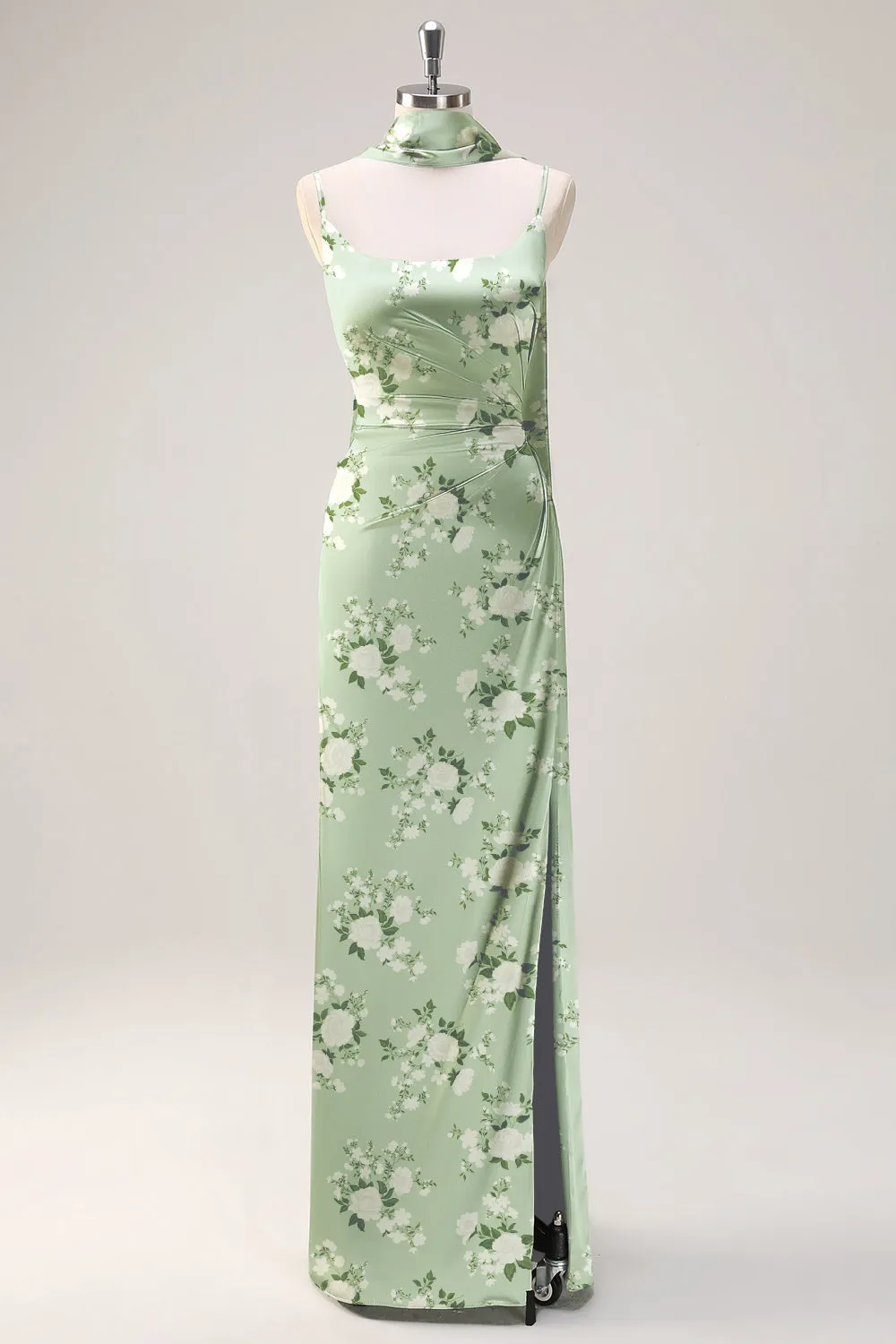 Sage White Flower Sheath Streamer Long Satin Bridesmaid Dress with Slit sold by Wedtrend