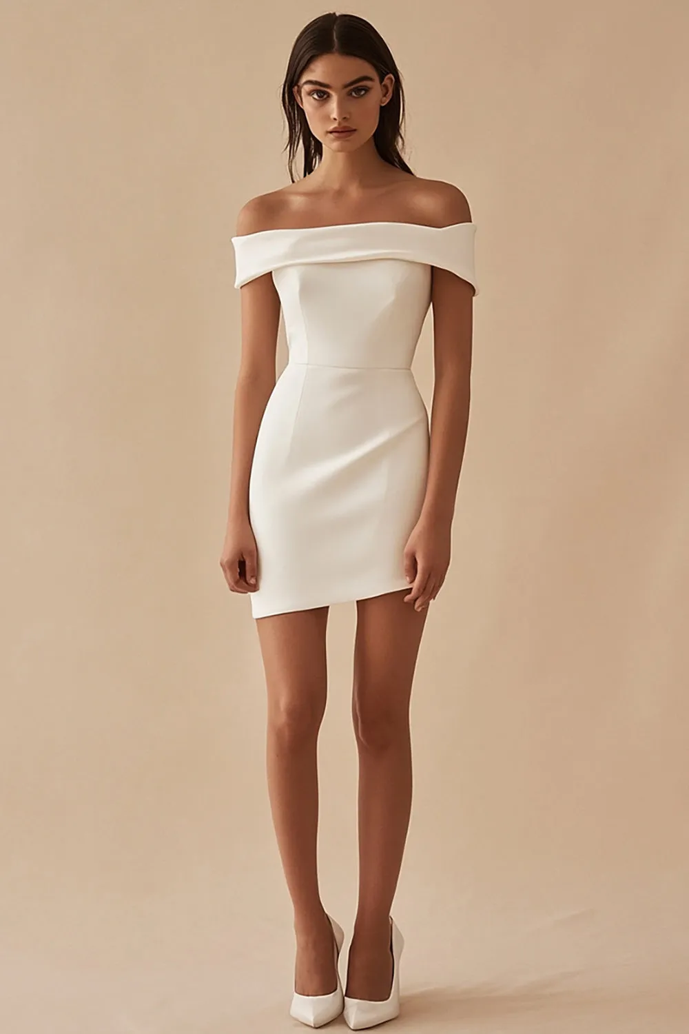 Simple White Sheath Off the Shoulder Satin Short Graduation Dress sold by Wedtrend