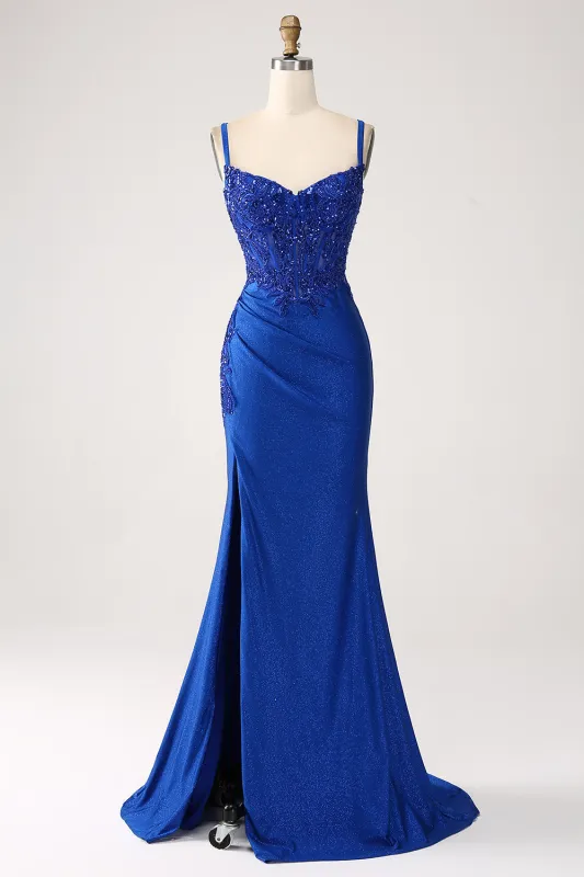 Glitter Royal Blue Mermaid Spaghetti Straps Long Prom Dress with Sequins made by Wedtrend