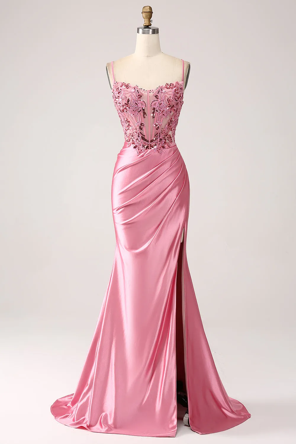 Mermaid Spaghetti Straps Sequin Corset Long Pink Prom Dress with Slit sold by Wedtrend