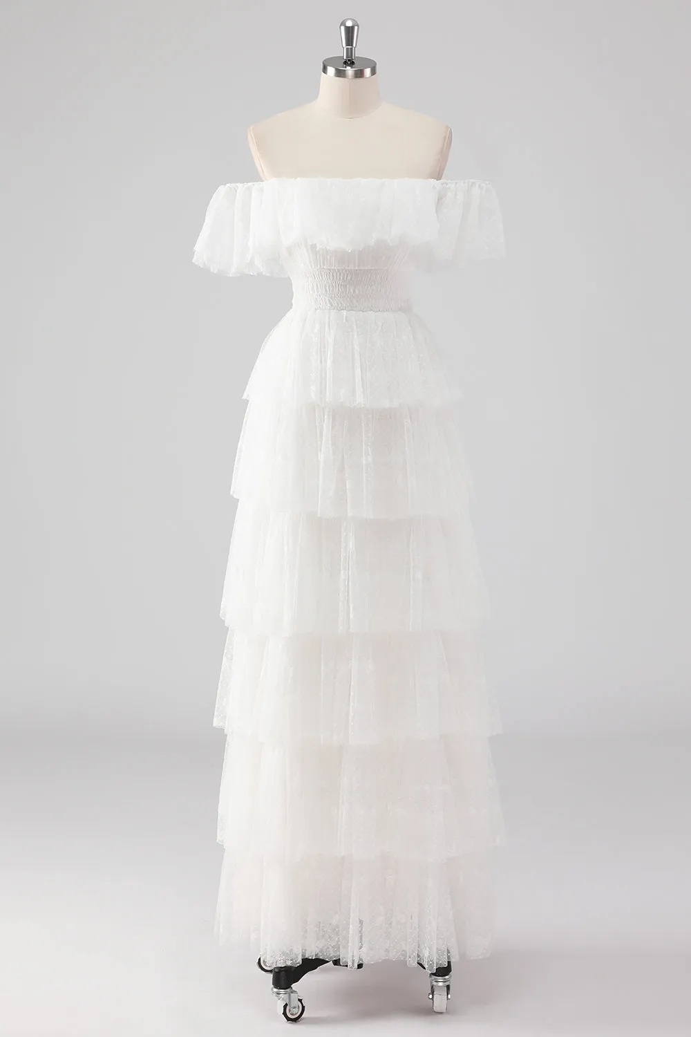 White A Line Square Neck Tiered Wedding Dress sold by Wedtrend product image thumbnail 3