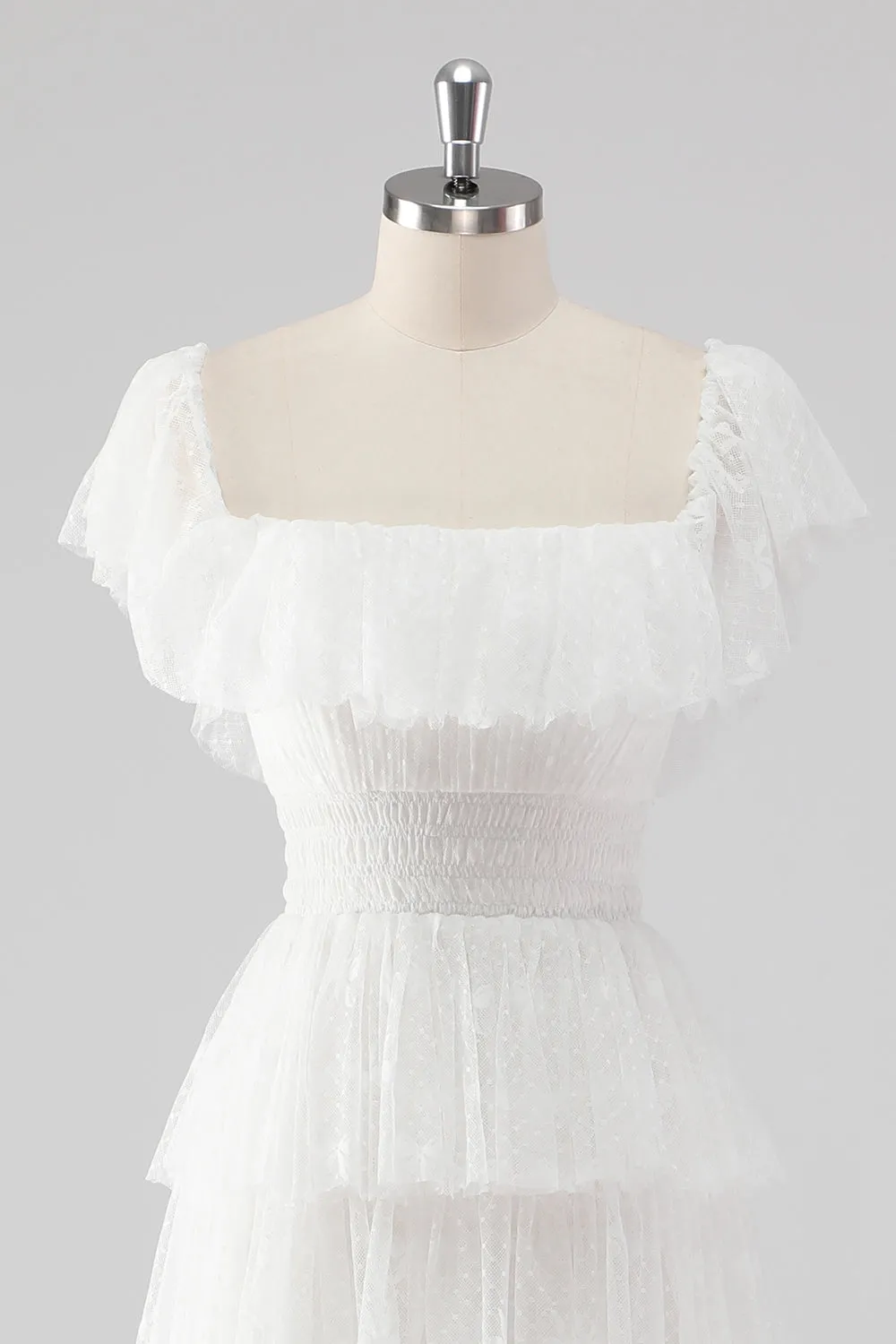 White A Line Square Neck Tiered Wedding Dress sold by Wedtrend product image thumbnail 4