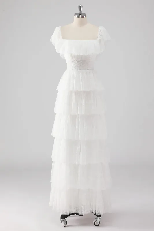 White A Line Square Neck Tiered Wedding Dress made by Wedtrend