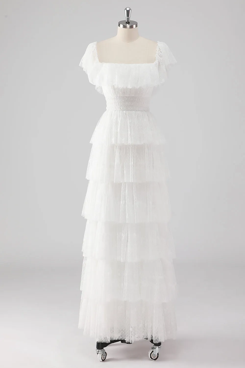 White A Line Square Neck Tiered Wedding Dress sold by Wedtrend