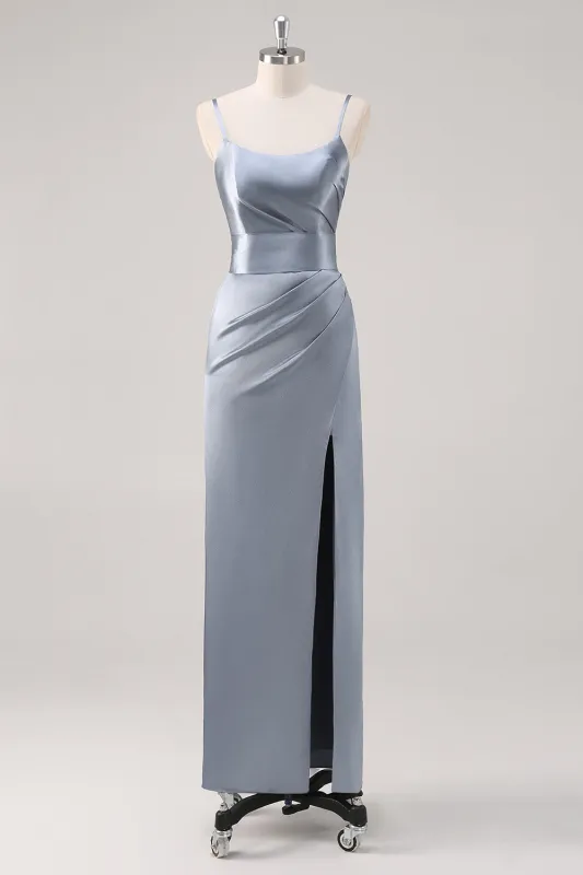 Grey Blue Sheath Ruched Spaghetti Straps Satin Long Bridesmaid Dress with Slit made by Wedtrend