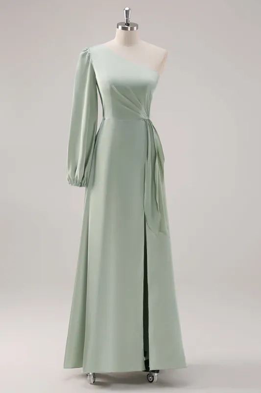 Sage Green A Line One Shoulder Ruched Long Bridesmaid Dress with Slit sold by Wedtrend