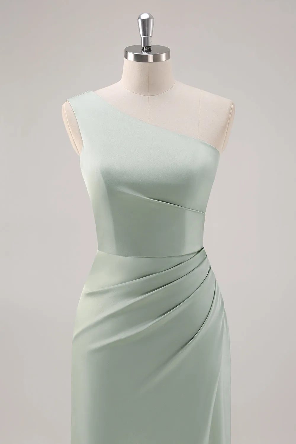 Simple Sheath Sage Green Satin One Shoulder Long Bridesmaid Dress with Slit sold by Wedtrend product image thumbnail 4