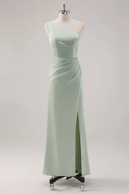 Simple Sheath Sage Green Satin One Shoulder Long Bridesmaid Dress with Slit made by Wedtrend
