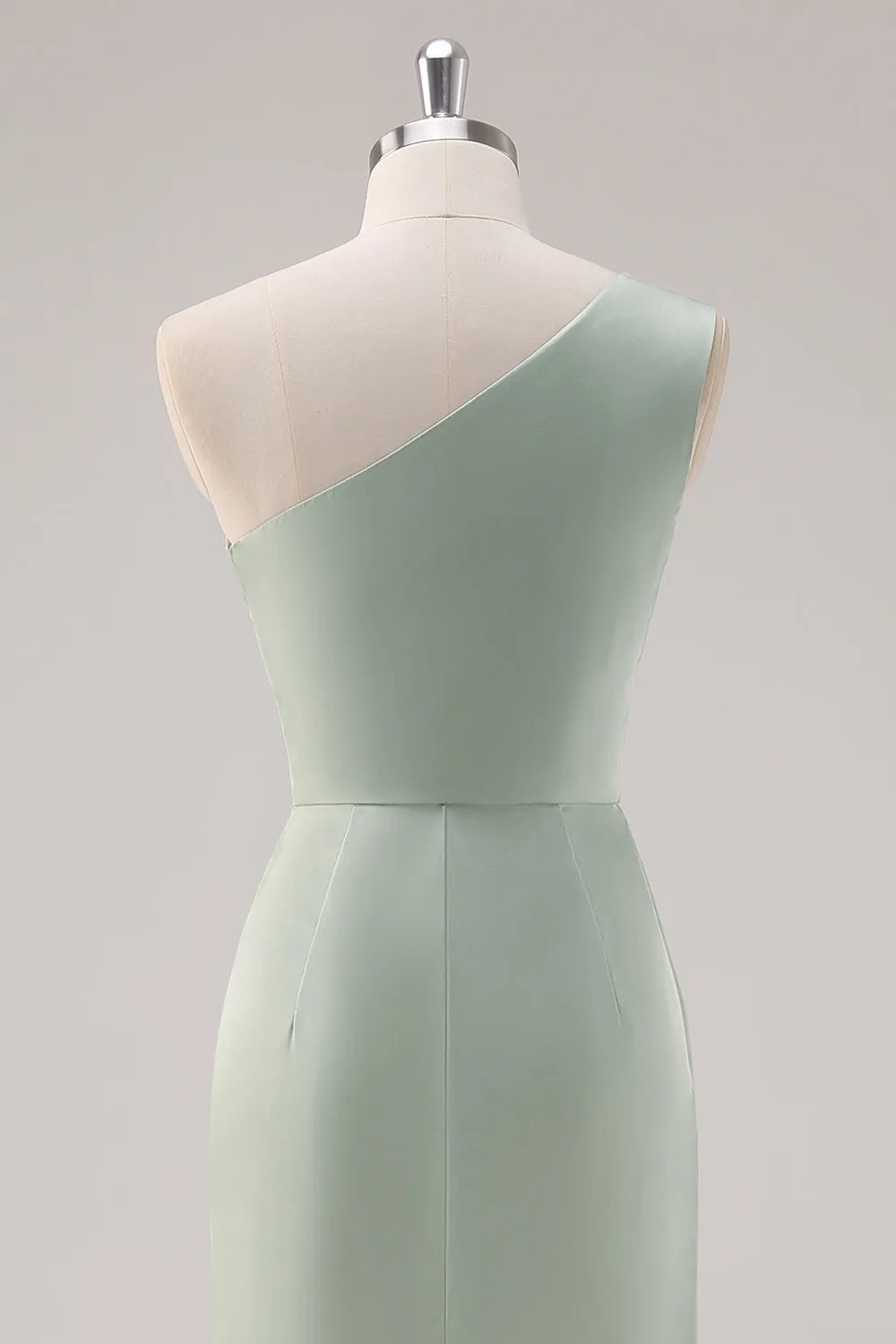 Simple Sheath Sage Green Satin One Shoulder Long Bridesmaid Dress with Slit sold by Wedtrend product image thumbnail 5