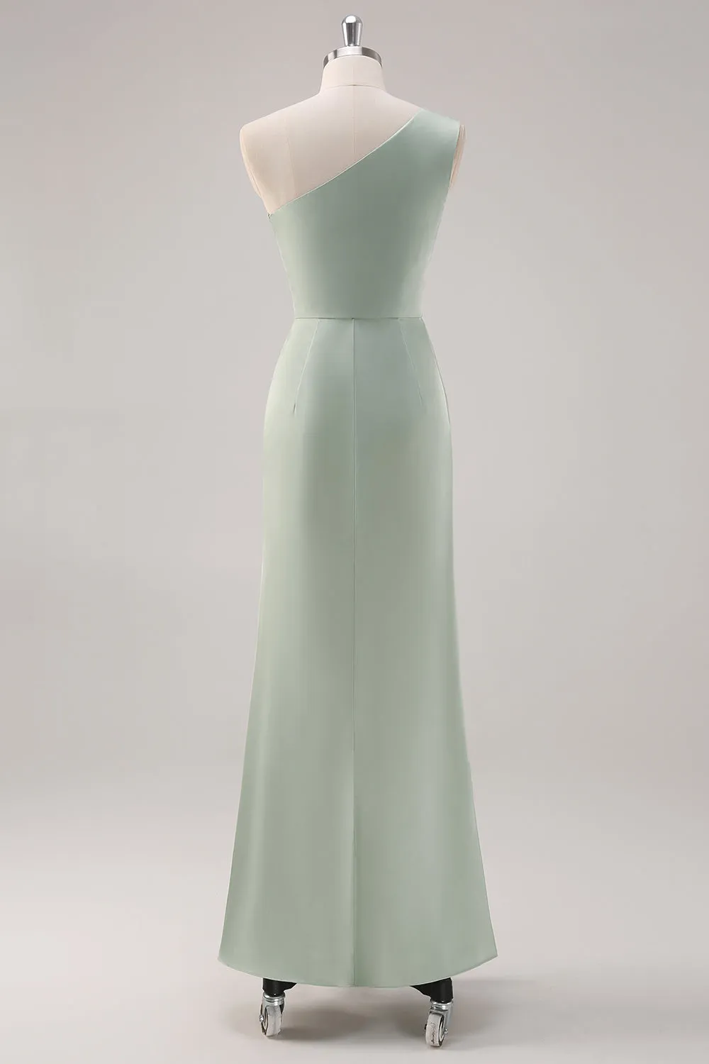 Simple Sheath Sage Green Satin One Shoulder Long Bridesmaid Dress with Slit sold by Wedtrend product image thumbnail 2