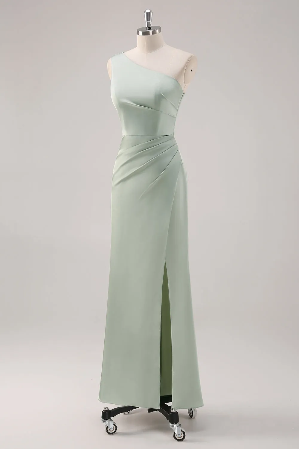 Simple Sheath Sage Green Satin One Shoulder Long Bridesmaid Dress with Slit sold by Wedtrend product image thumbnail 3