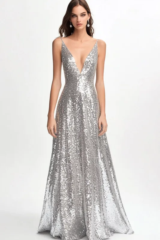Sparkly V Neck Silver A Line Formal Dress with Sequins made by Wedtrend