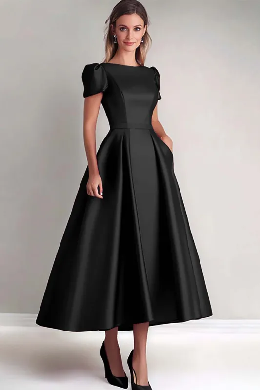 Black A Line Mother of the Bride Dress with Puff Sleeves made by Wedtrend