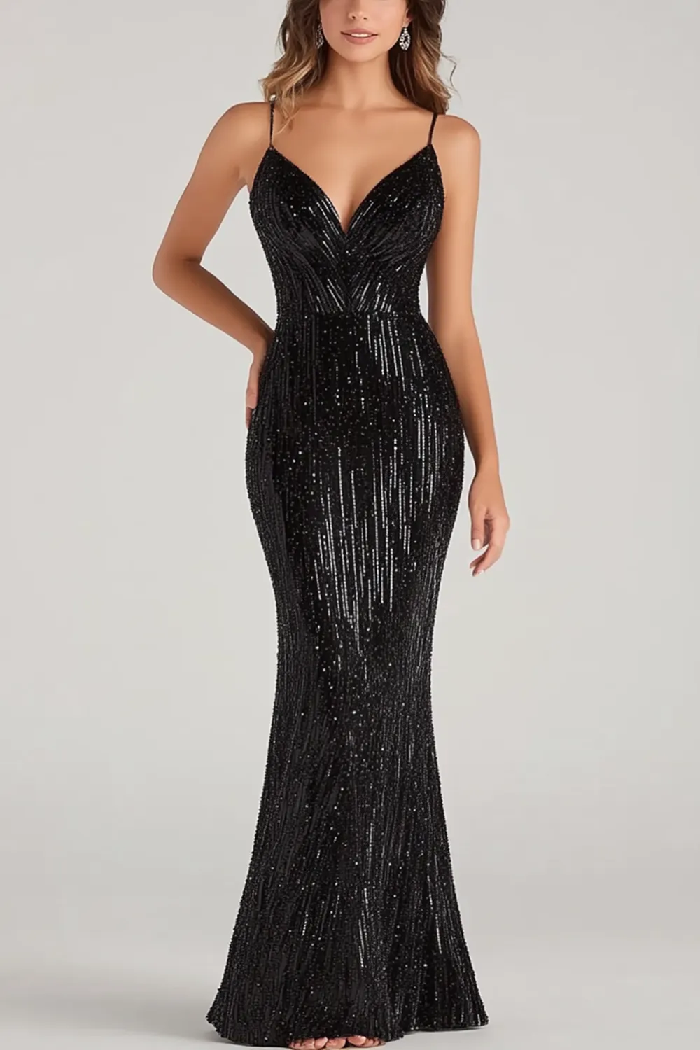 Black Mermaid Spaghetti Straps Long Formal Dress with Sequins sold by Wedtrend