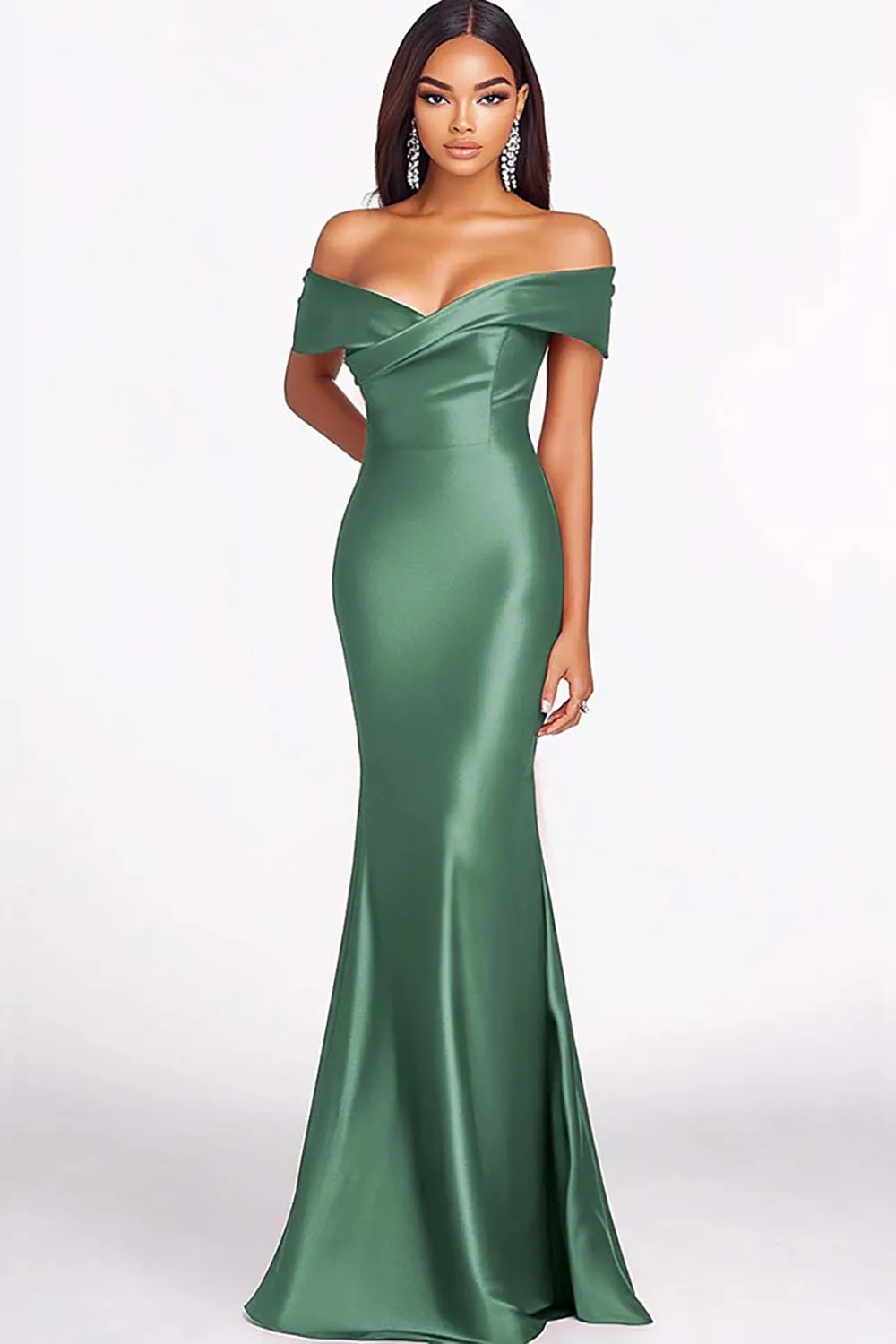 Dusty Sage Mermaid Off The Shoulder Satin Long Formal Dress sold by Wedtrend product image thumbnail 2