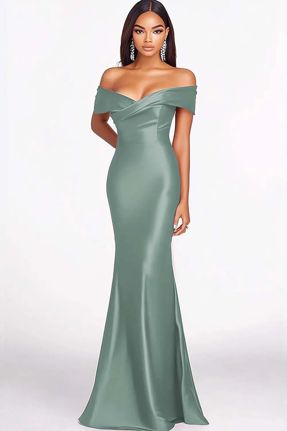Dusty Sage Mermaid Off The Shoulder Satin Long Formal Dress sold by Wedtrend product image thumbnail 3