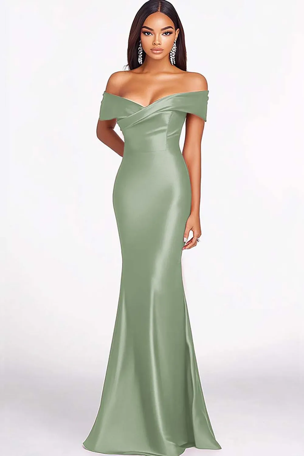 Dusty Sage Mermaid Off The Shoulder Satin Long Formal Dress sold by Wedtrend