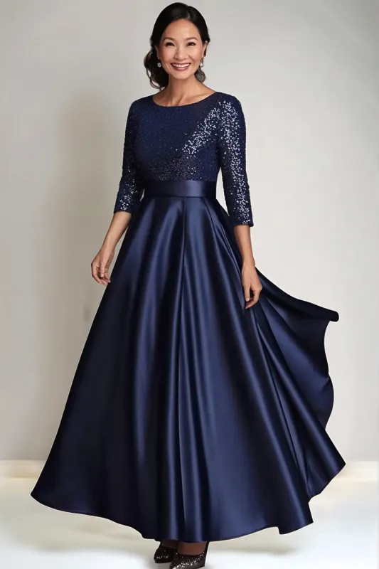 Sparkly Navy A Line Sequin Long Mother of The Bride Dress with Long Sleeves sold by Wedtrend