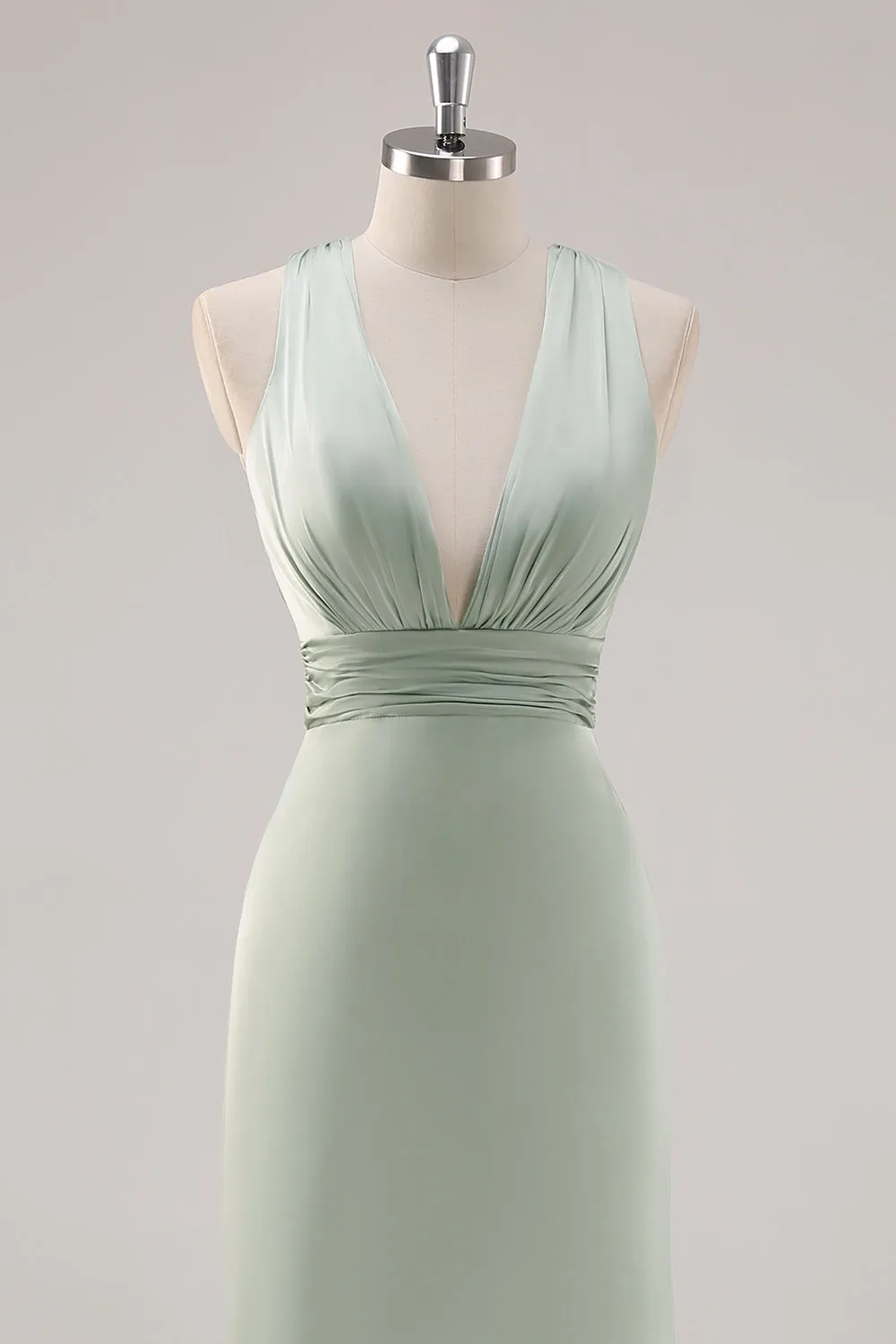 Sage Green Sheath Deep V Neck Ruched Backless Satin Long Bridesmaid Dress sold by Wedtrend product image thumbnail 4