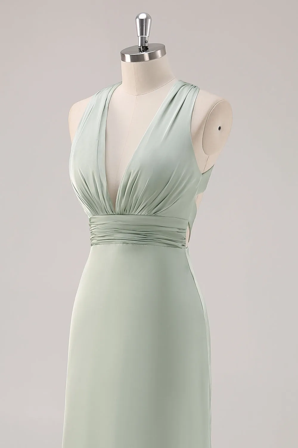 Sage Green Sheath Deep V Neck Ruched Backless Satin Long Bridesmaid Dress sold by Wedtrend product image thumbnail 5