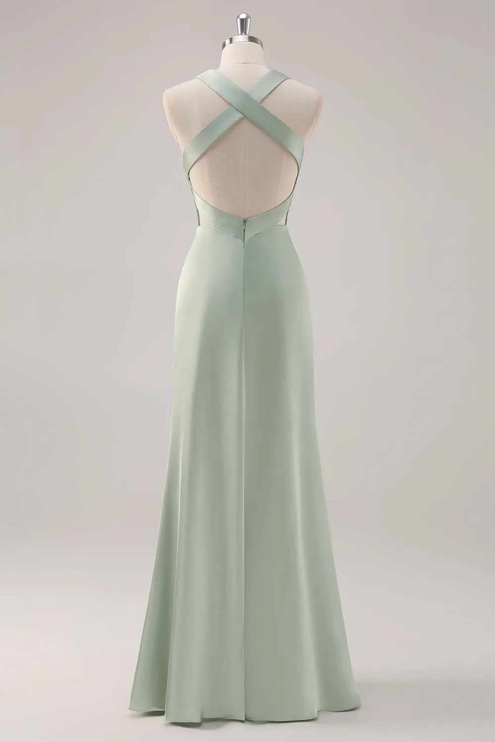 Sage Green Sheath Deep V Neck Ruched Backless Satin Long Bridesmaid Dress sold by Wedtrend product image thumbnail 2