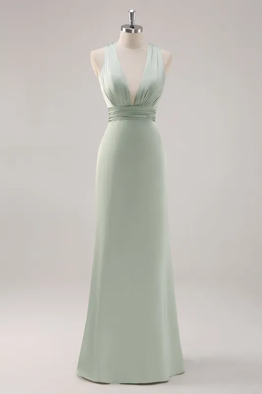 Sage Green Sheath Deep V Neck Ruched Backless Satin Long Bridesmaid Dress made by Wedtrend