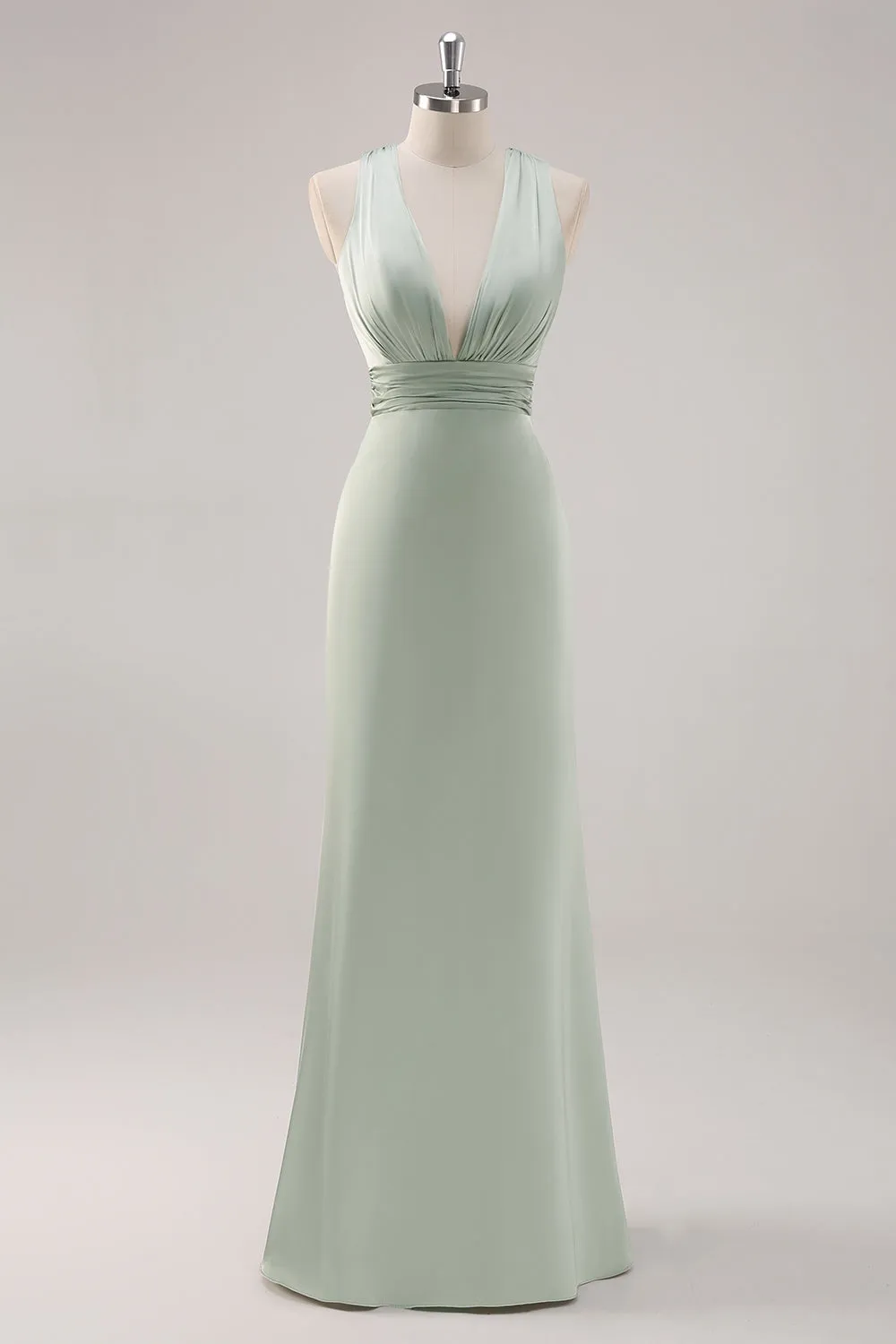 Sage Green Sheath Deep V Neck Ruched Backless Satin Long Bridesmaid Dress sold by Wedtrend