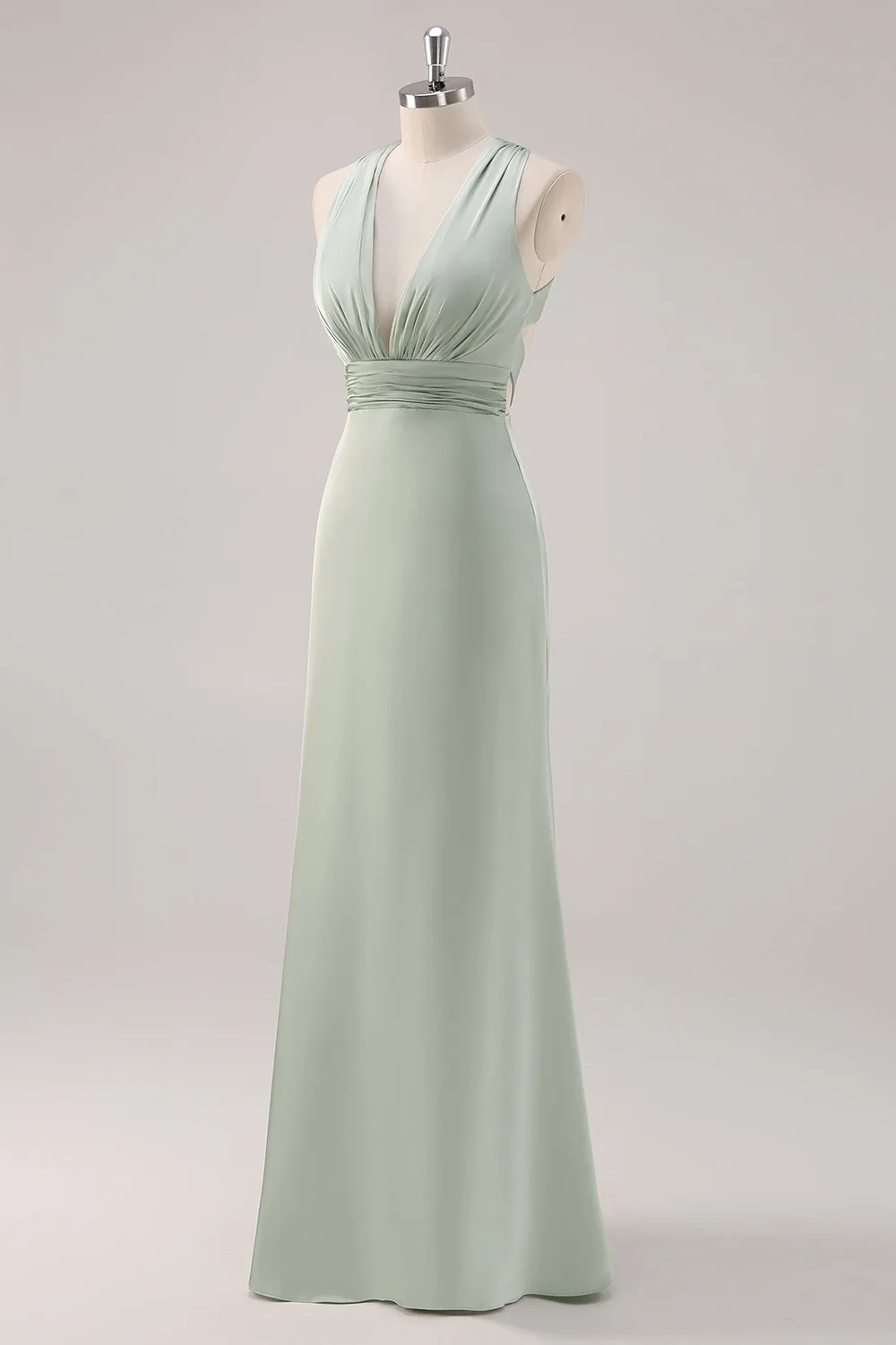 Sage Green Sheath Deep V Neck Ruched Backless Satin Long Bridesmaid Dress sold by Wedtrend product image thumbnail 3
