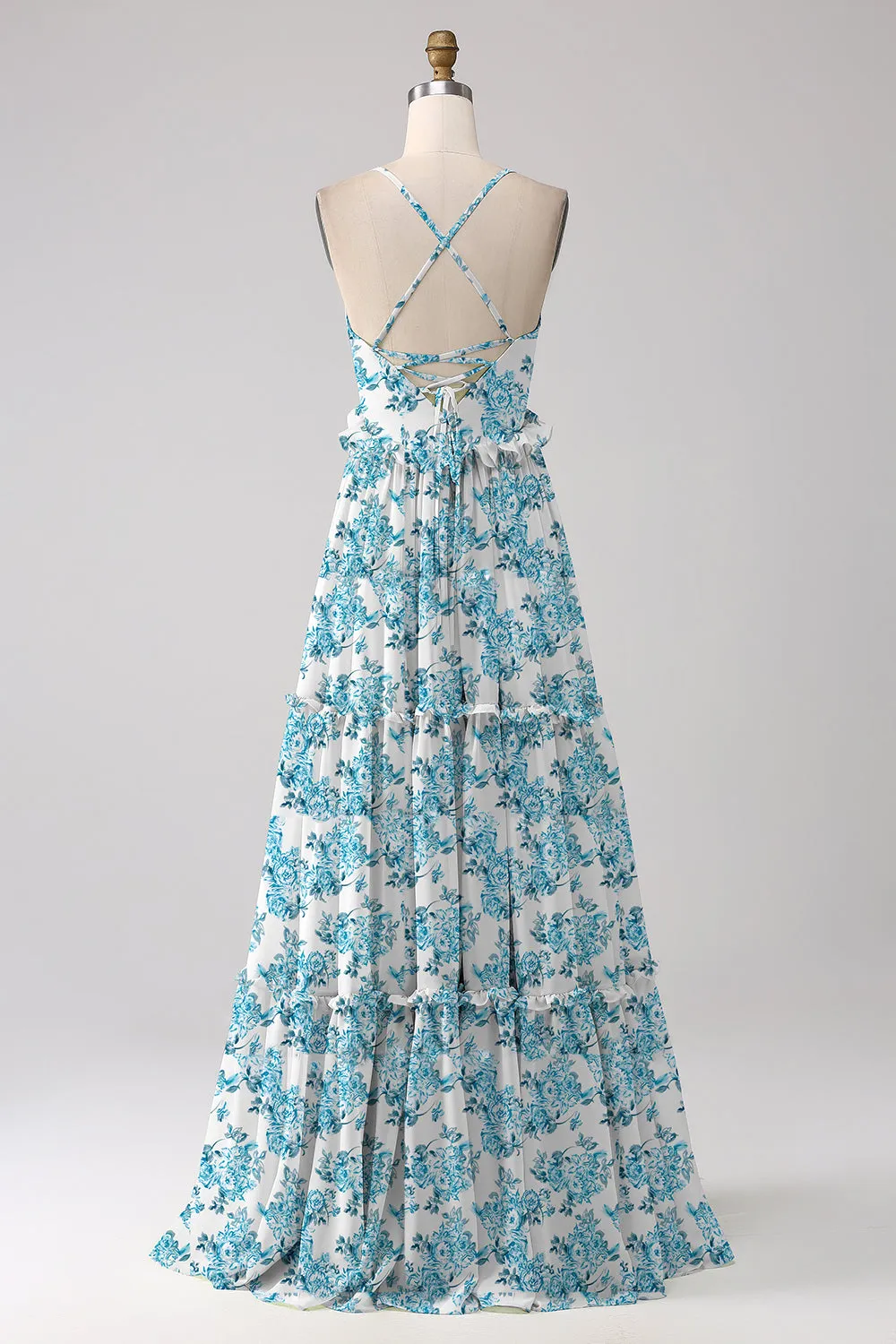 Blue Flower A-Line Spaghetti Straps Backless Long Bridesmaid Dress With Ruffles sold by Wedtrend product image thumbnail 2