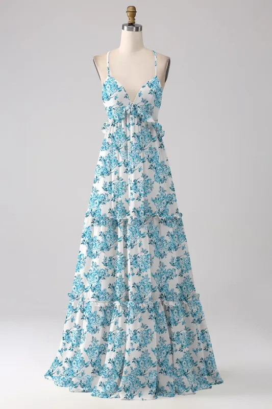 Blue Flower A-Line Spaghetti Straps Backless Long Bridesmaid Dress With Ruffles made by Wedtrend