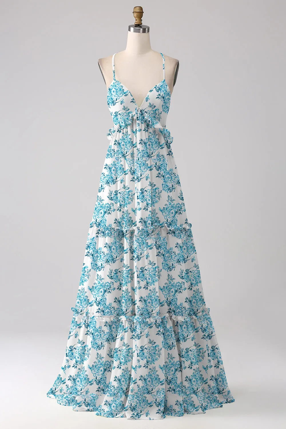 Blue Flower A-Line Spaghetti Straps Backless Long Bridesmaid Dress With Ruffles sold by Wedtrend