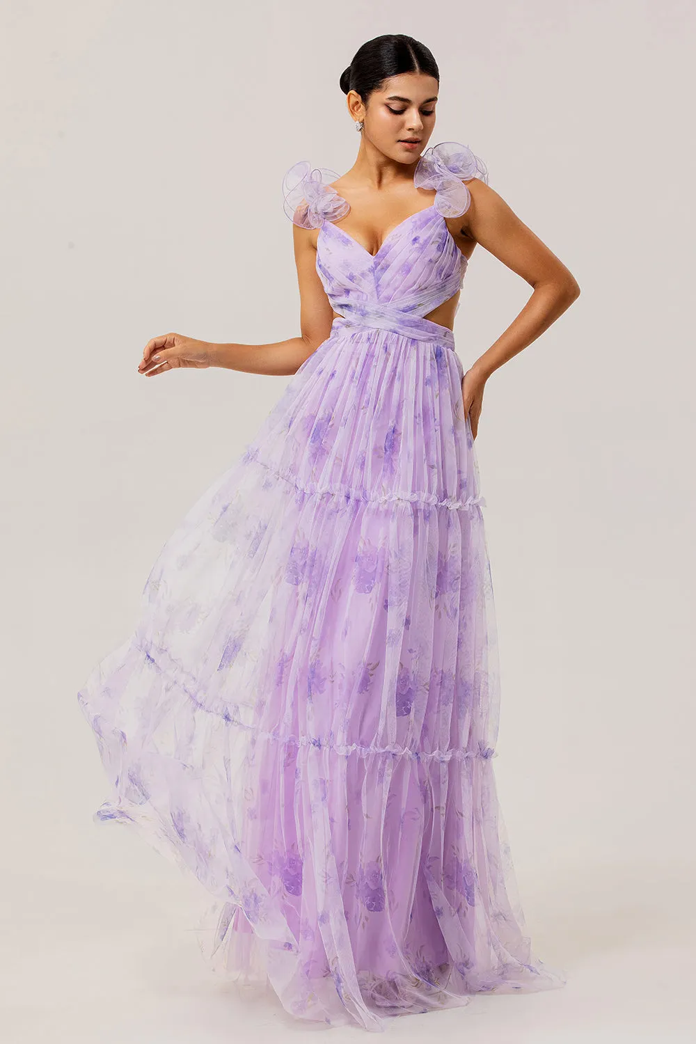 Lavender A Line V Neck Pleated Hollow Print Tulle Floral Dress with Lace Up Back sold by Wedtrend product image thumbnail 3