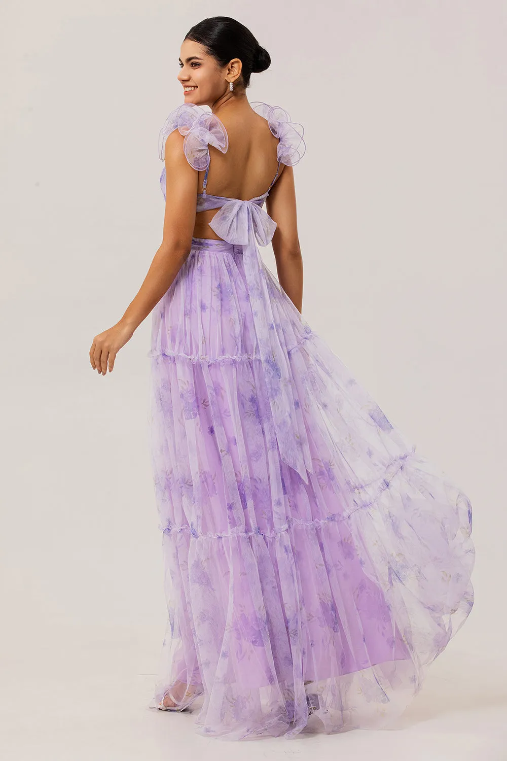 Lavender A Line V Neck Pleated Hollow Print Tulle Floral Dress with Lace Up Back sold by Wedtrend product image thumbnail 4