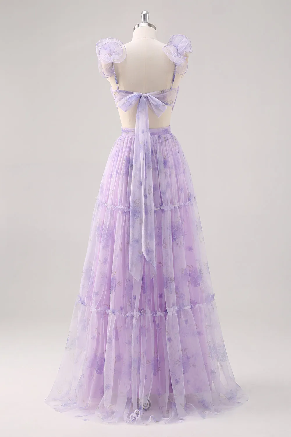 Lavender A Line V Neck Pleated Hollow Print Tulle Floral Dress with Lace Up Back sold by Wedtrend product image thumbnail 2