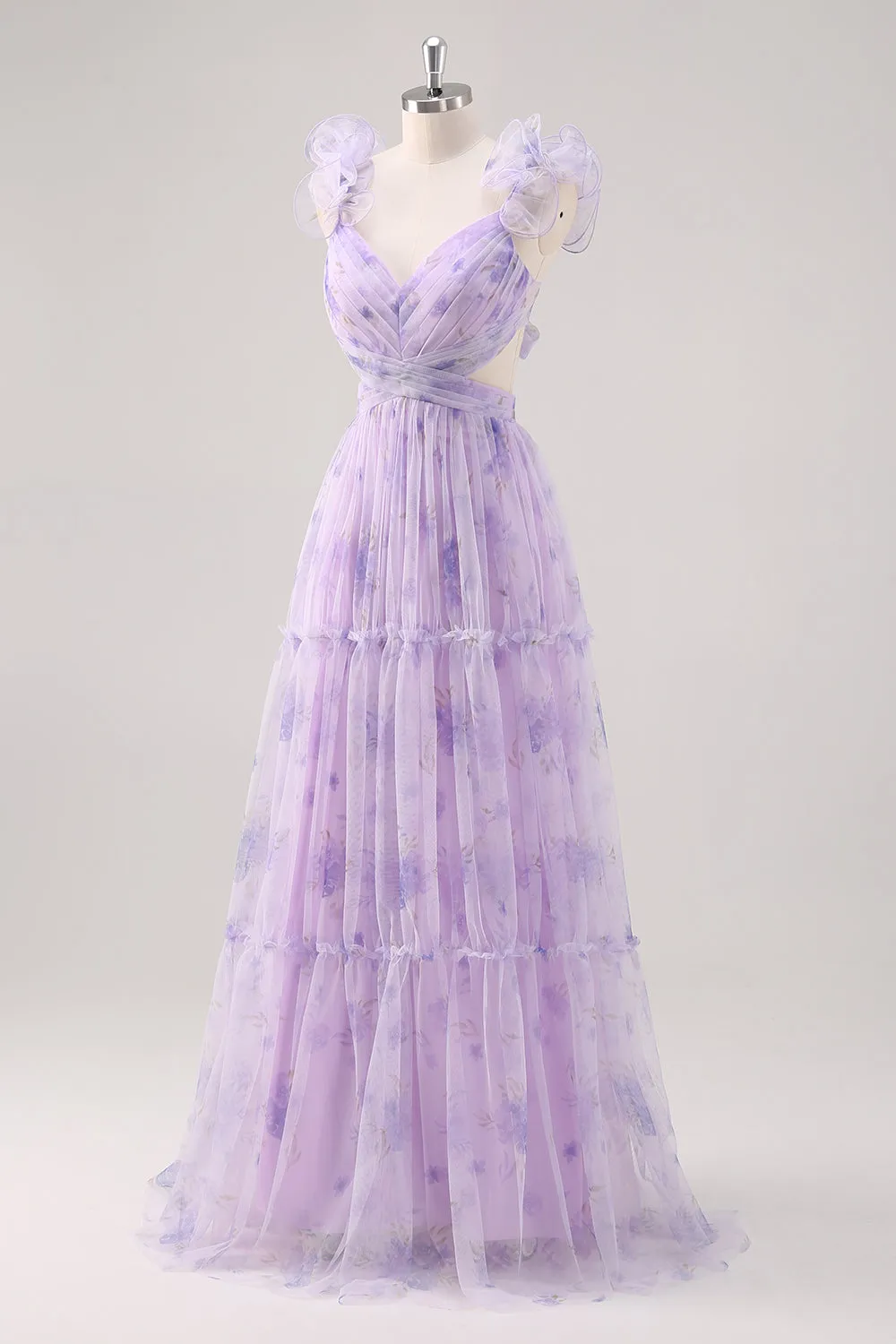 Lavender A Line V Neck Pleated Hollow Print Tulle Floral Dress with Lace Up Back sold by Wedtrend product image thumbnail 5