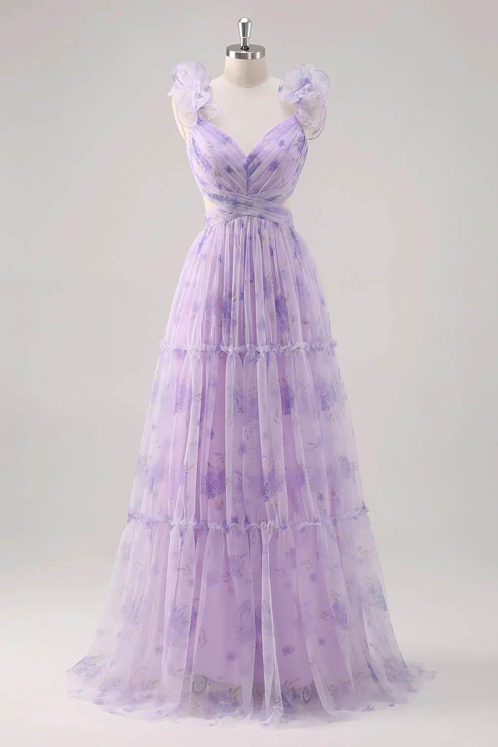 Lavender A Line V Neck Pleated Hollow Print Tulle Floral Dress with Lace Up Back sold by Wedtrend