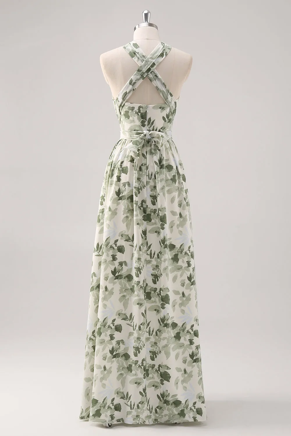 A-Line Ruched Convertible Design Floor Length Green Floral Bridesmaid Dress sold by Wedtrend product image thumbnail 4