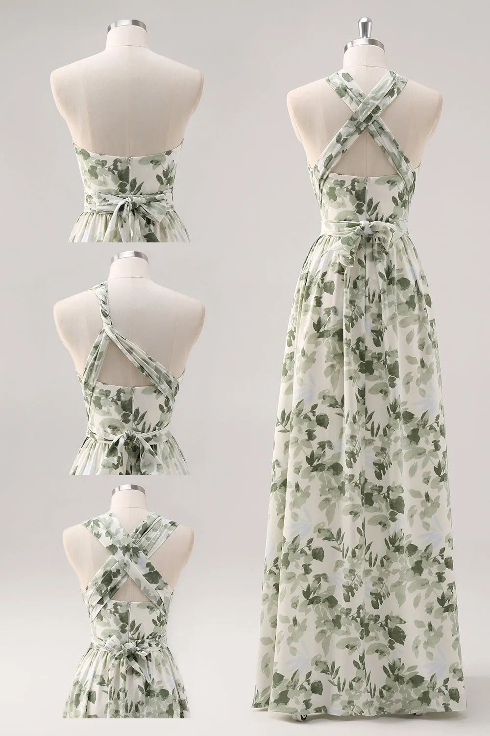 A-Line Ruched Convertible Design Floor Length Green Floral Bridesmaid Dress sold by Wedtrend product image thumbnail 2