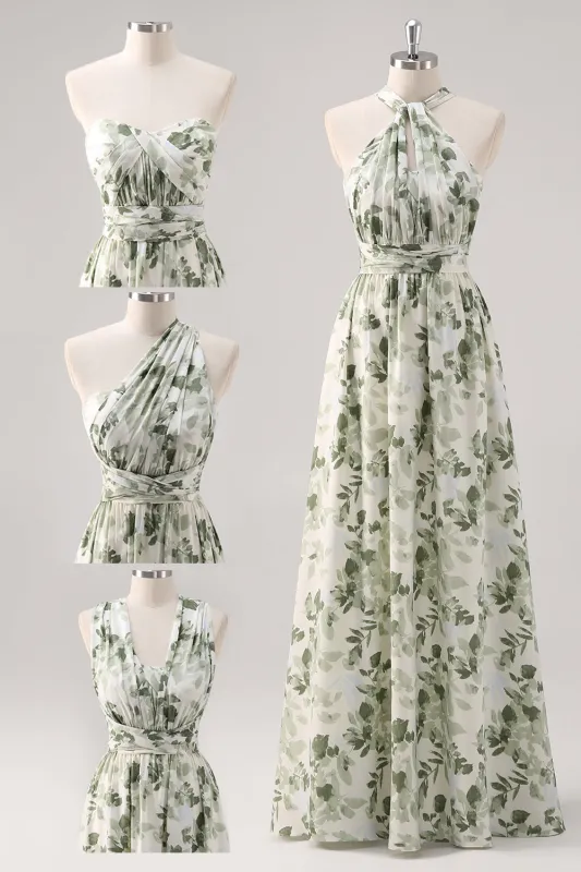 A-Line Ruched Convertible Design Floor Length Green Floral Bridesmaid Dress sold by Wedtrend