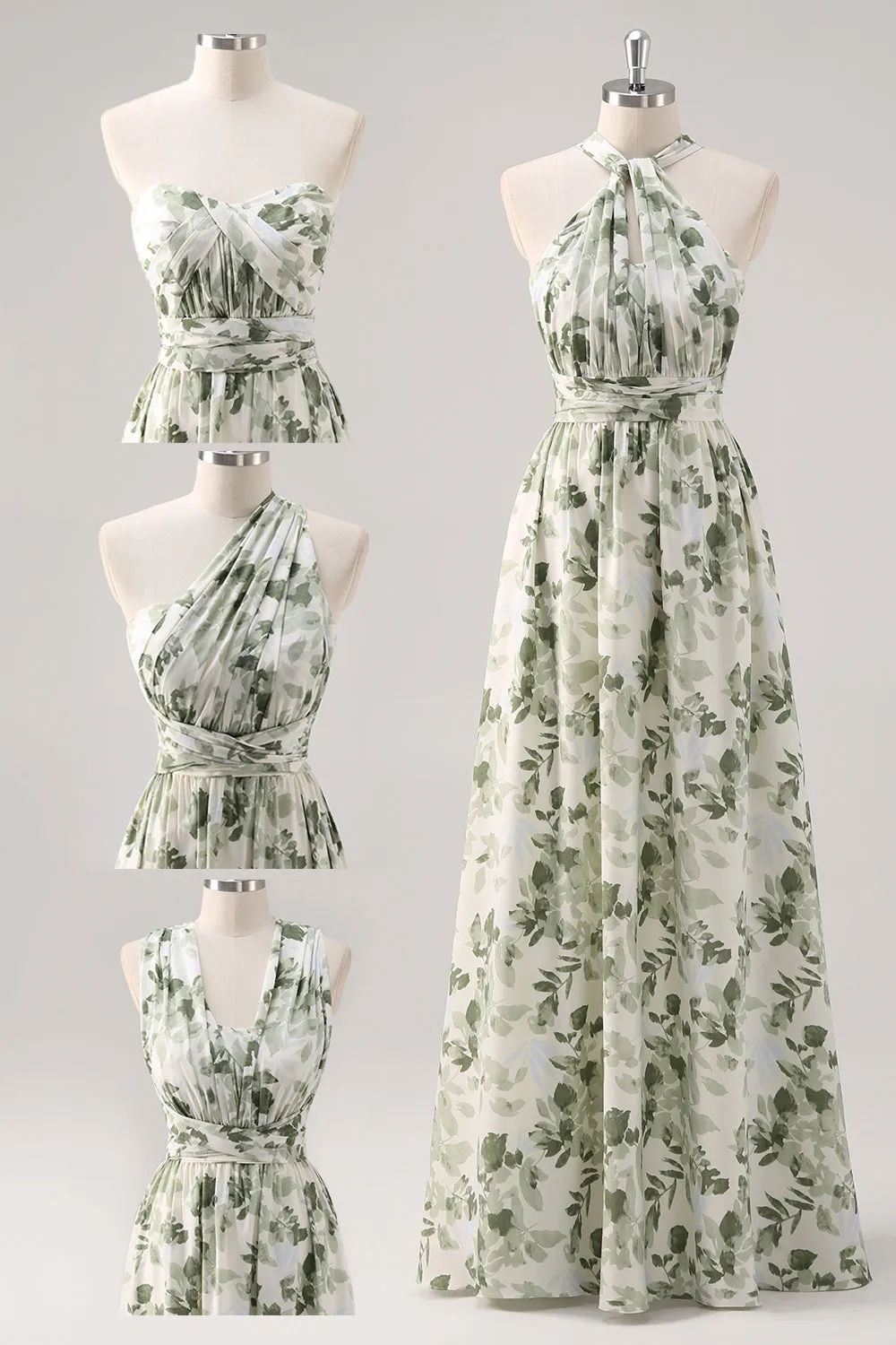 A-Line Ruched Convertible Design Floor Length Green Floral Bridesmaid Dress sold by Wedtrend