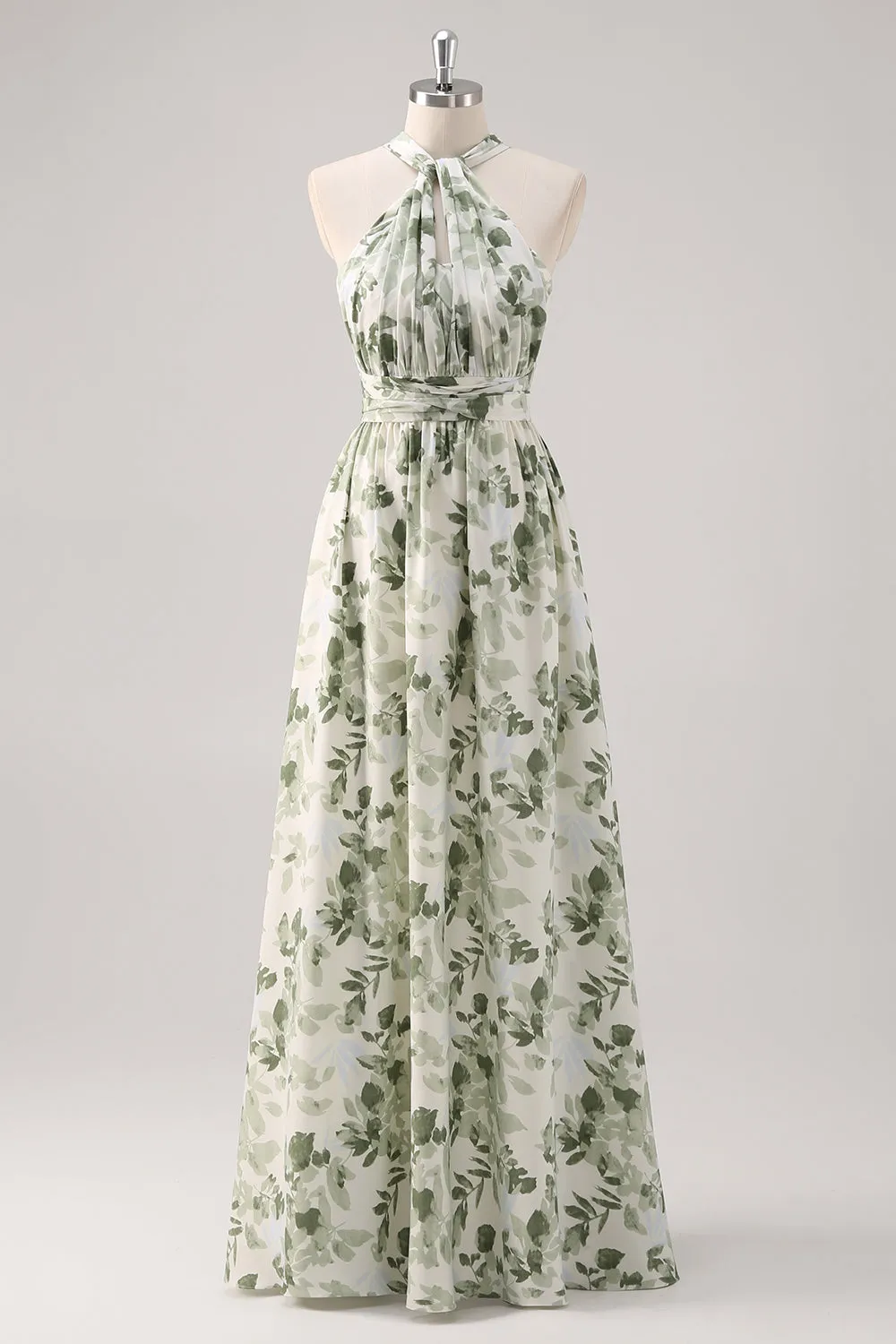 A-Line Ruched Convertible Design Floor Length Green Floral Bridesmaid Dress sold by Wedtrend product image thumbnail 3