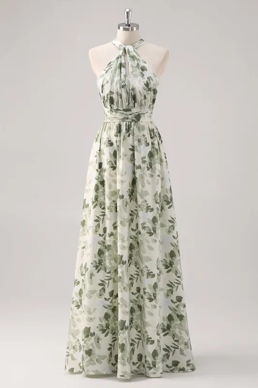 Green Flower A-Line Print Ruched Convertible Design Long Bridesmaid Dress sold by Wedtrend