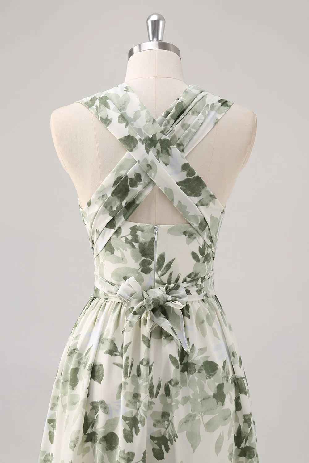 Green Flower A-Line V Neck Print Ruched Convertible Design Long Bridesmaid Dress sold by Wedtrend product image thumbnail 5
