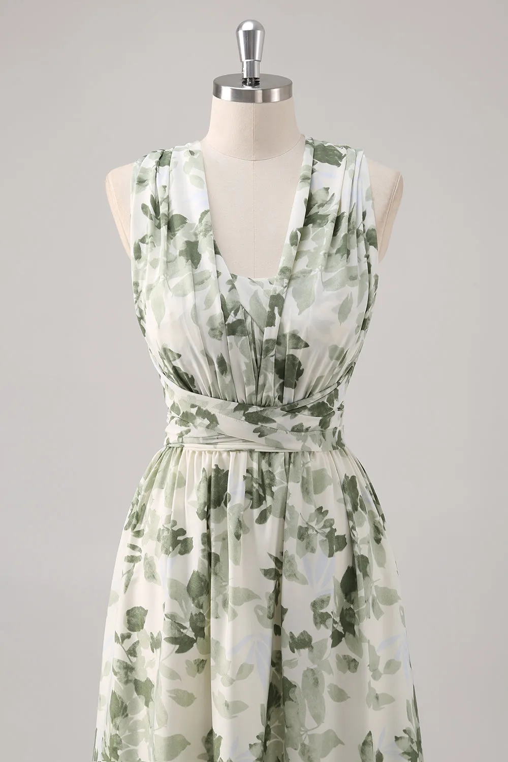 Green Flower A-Line V Neck Print Ruched Convertible Design Long Bridesmaid Dress sold by Wedtrend product image thumbnail 4