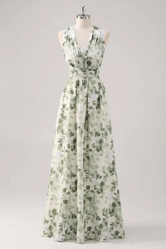Green Flower A-Line V Neck Print Ruched Convertible Design Long Bridesmaid Dress sold by Wedtrend