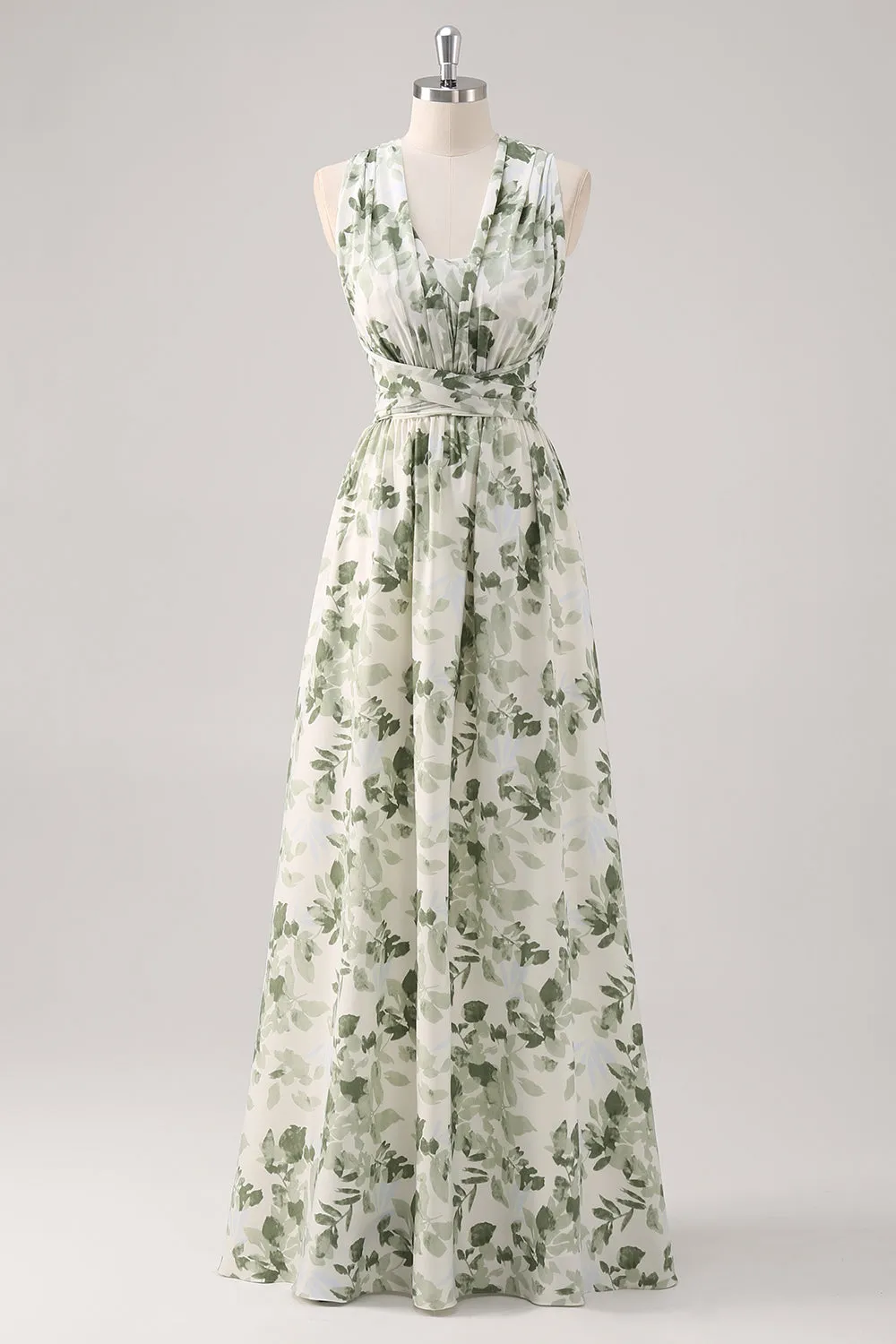 Green Flower A-Line V Neck Print Ruched Convertible Design Long Bridesmaid Dress sold by Wedtrend
