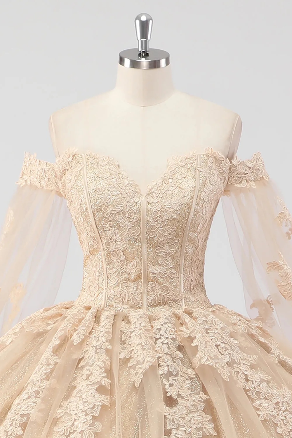 Princess Champagne Off the Shoulder Cape Sleeves Tulle Quinceanera Dress with Appliques sold by Wedtrend product image thumbnail 4