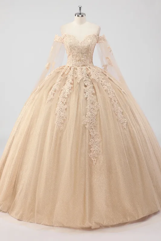 Princess Champagne Off the Shoulder Cape Sleeves Tulle Quinceanera Dress with Appliques made by Wedtrend