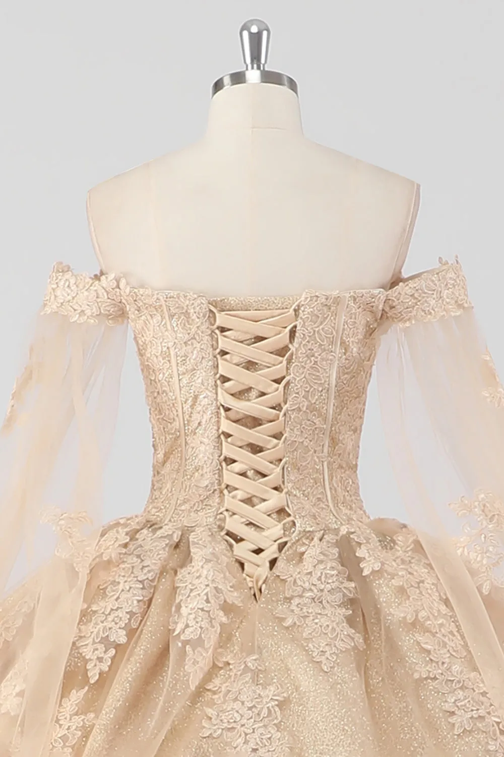 Princess Champagne Off the Shoulder Cape Sleeves Tulle Quinceanera Dress with Appliques sold by Wedtrend product image thumbnail 5