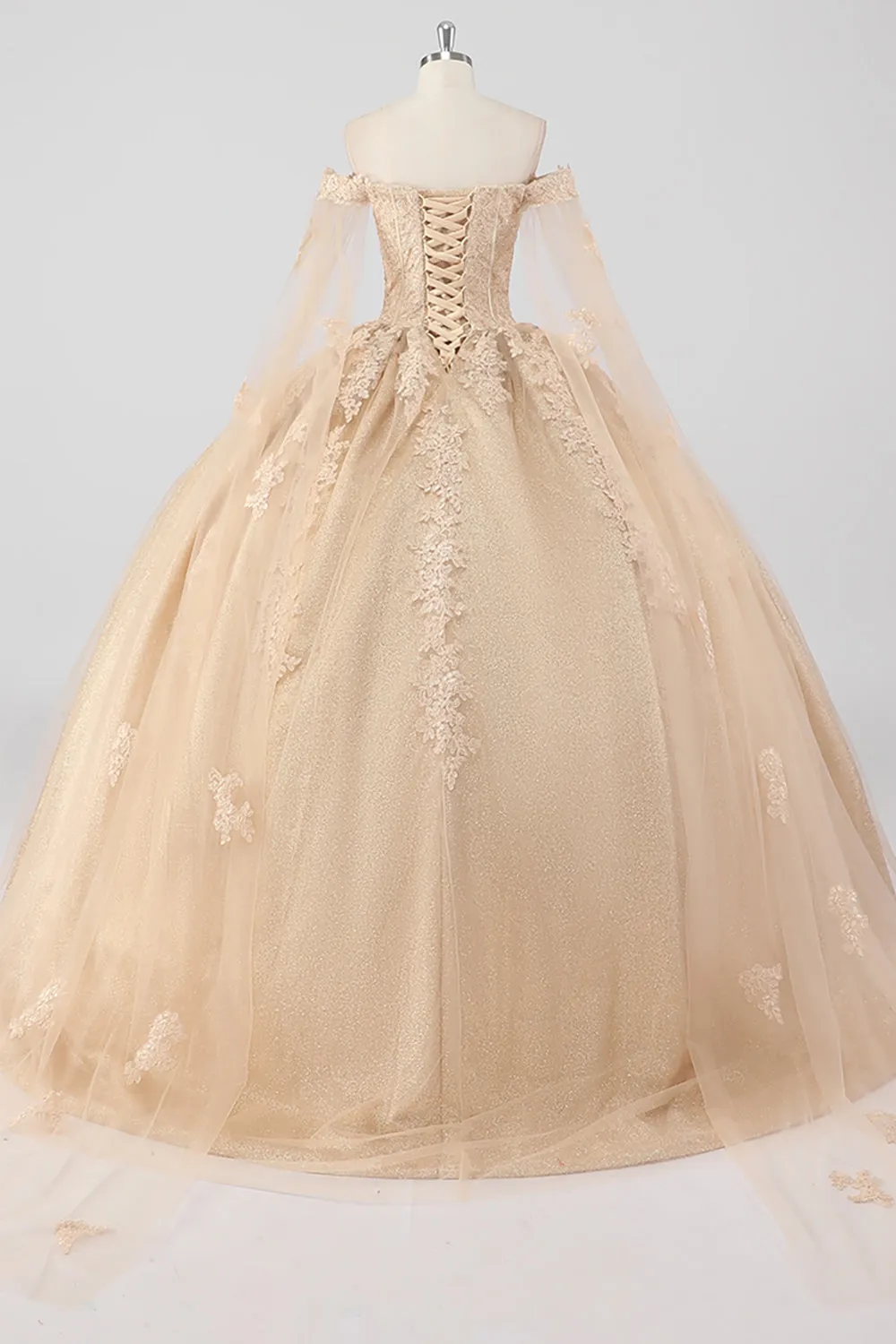 Princess Champagne Off the Shoulder Cape Sleeves Tulle Quinceanera Dress with Appliques sold by Wedtrend product image thumbnail 2